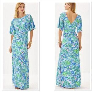 Lilly Pulitzer Parigi Boat Neck Maxi Dress Sunwashed Blue Plumes In Bloom NWT